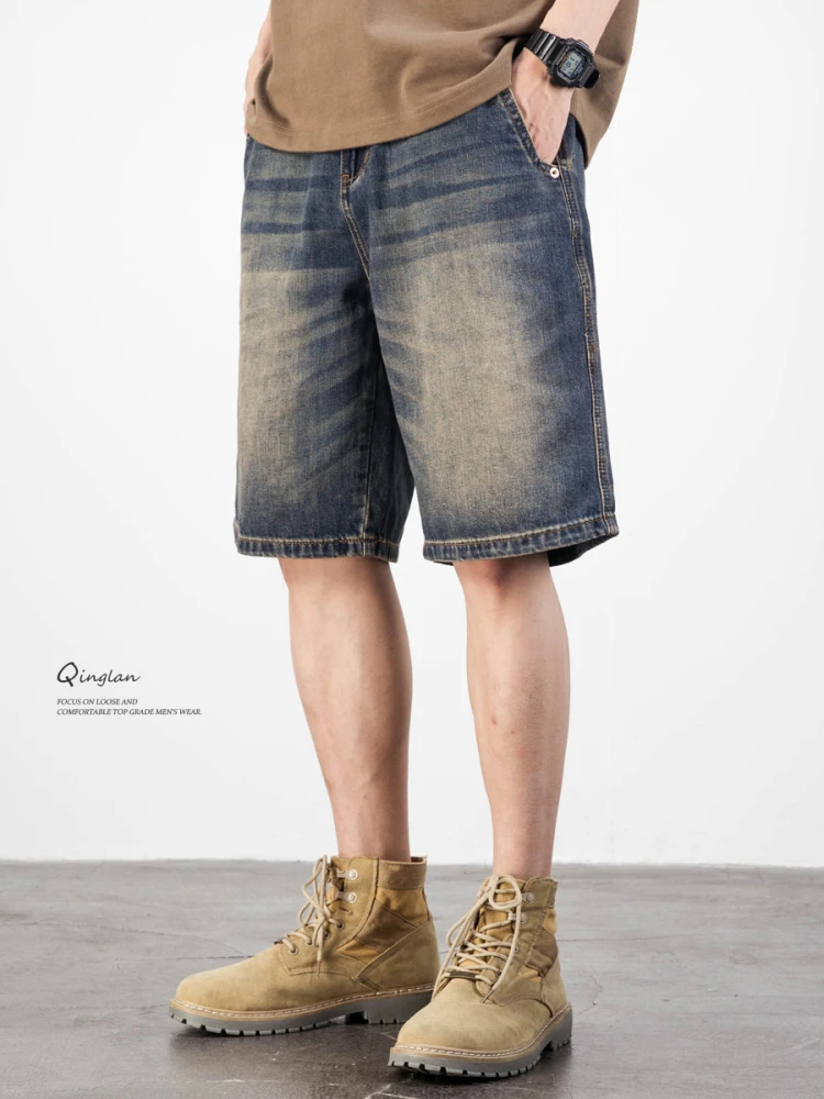 

Легкие джинсовые шорты в американском ретро-стиле для мужчин, свободные, больших размеров, модные, повседневные, летние, тонкие, из хлопка и полиэстера