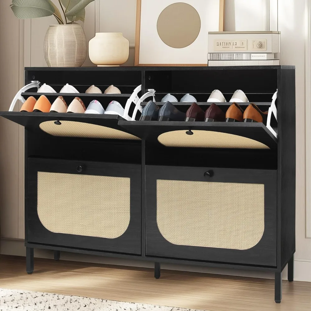 

Hidden Narrow Shoe Rack Cabinet Storage for Entryway Slim Flip Shoe Cabinet Rattan with 4 Drawers Freestanding Entry Way Shoe St