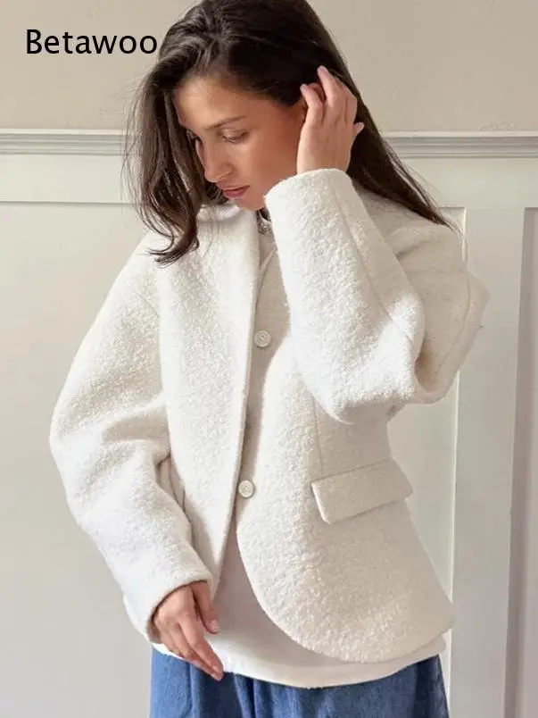 Cream Textured V-Neck Oversized Short Coat with Side Pockets for Casual Daily Wear