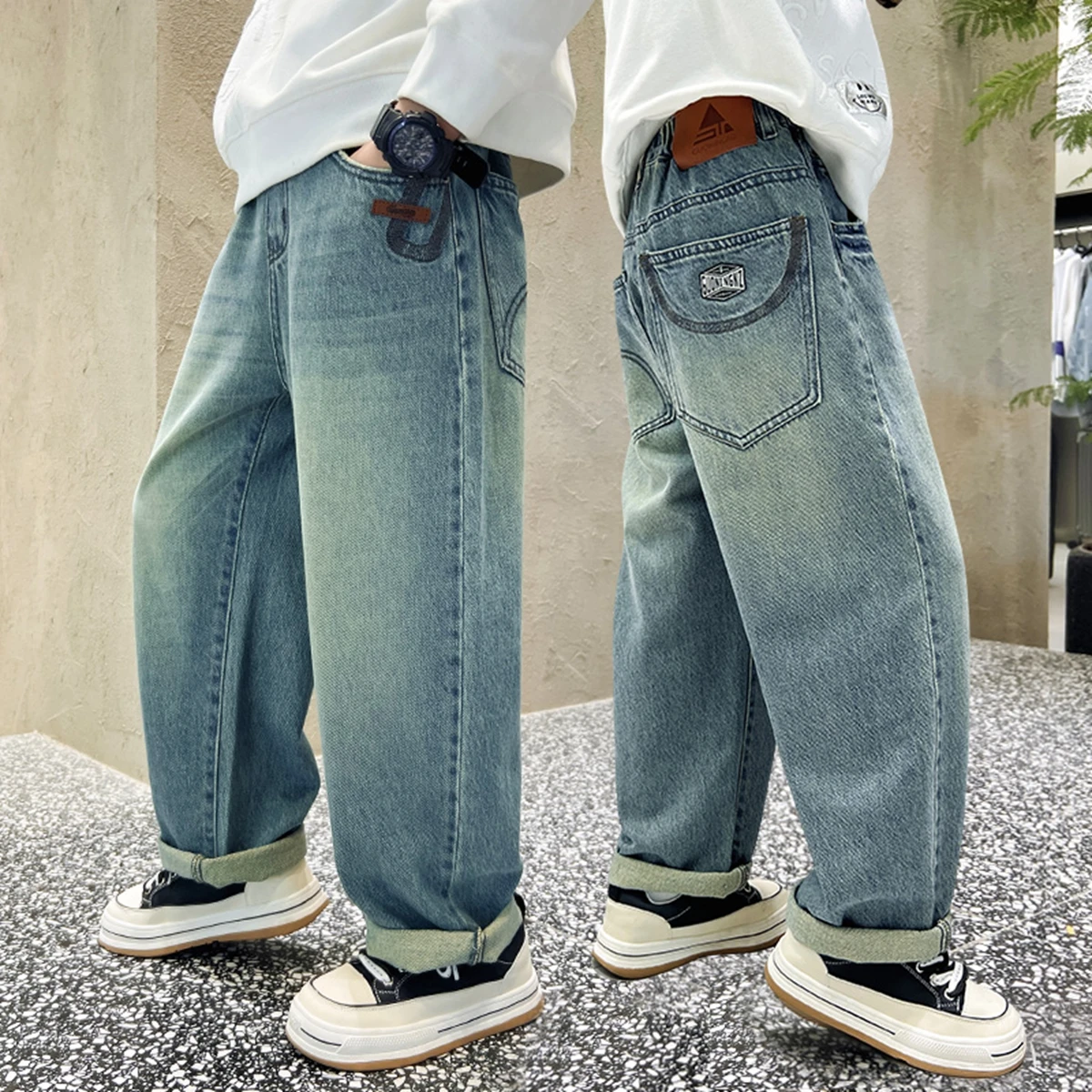Boys Teen Embroidered Denim Jeans Retro Long Trousers Spring Autumn Simple Style Korean Version Cotton Blend Kids Clothing