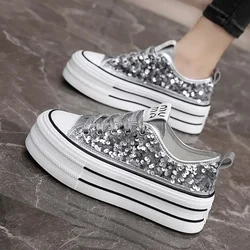 Woman Footwear White Rhinestone Shoes for Women Diamond Mesh Breathable High on Platform with Crystals Trends 2024 Korean Casual