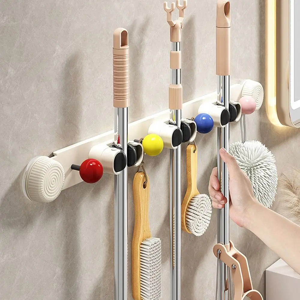 

Non Punching Suction Cup Mop Clamp Space-saving Wall Mounted Mop Broom Hanger Reusable with Hook Mop Holder Kitchen