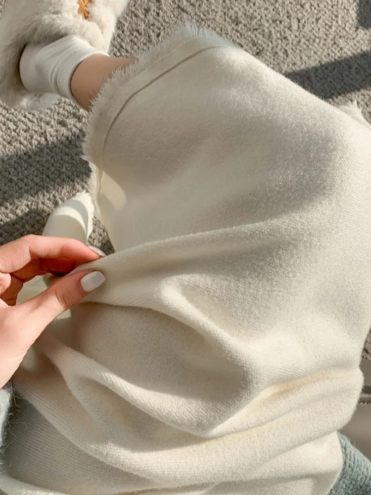 Gestrickter f-Länge-Rock für Damen, Herbst und Winter, kleine Größe, drapiert, großer A-Linien-Rock, hohe Taille, Midi-Länge, Wollmischung, lässig