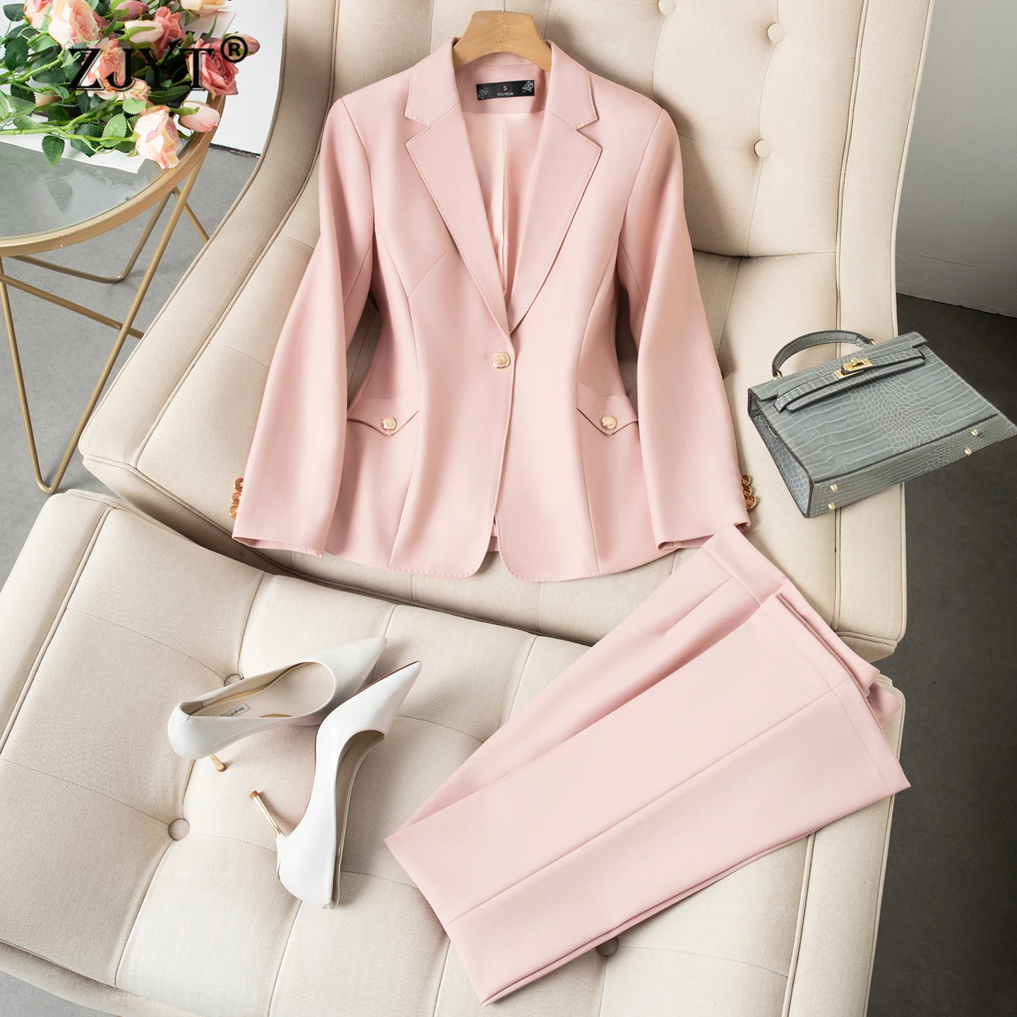 

ZJYT Women's Formal Classic Suit Clothes Woman Two Piece Outfit Elegant Chic Female Lady Blazer Pants Sets Pink Trousers Work