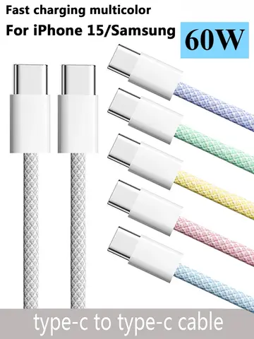 60W PD USB-C To Type C Cable for IPhone 15 16 Pro Fast Charging Wire for Huawei Xiaomi Samsung Colorful Weaving Data Cable Line