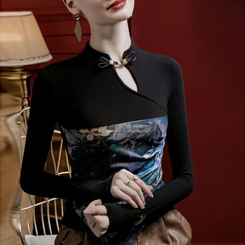 New Autumn Winter Design Women Stand-up Collar Button-up Printed Patchwork Base Layer Slimming Figure-hugging Trend Top Inside
