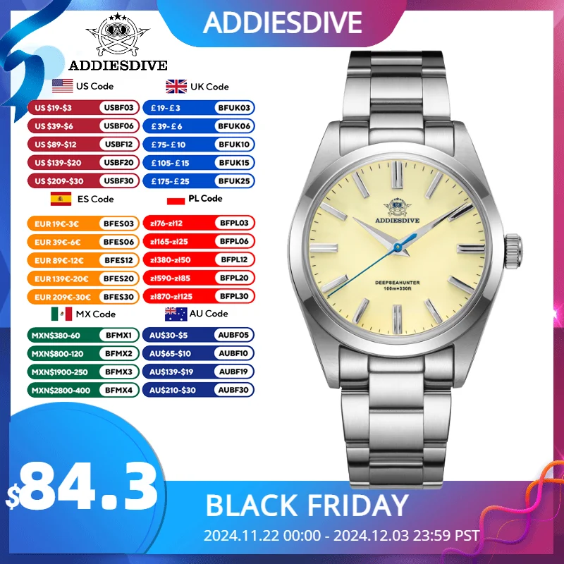 ADDIESDIVE New Quartz Watch For Men Luxury Sapphire Bubber Glass AR Coating 100m Diving 316L Stainless Steel 36mm Business Watch