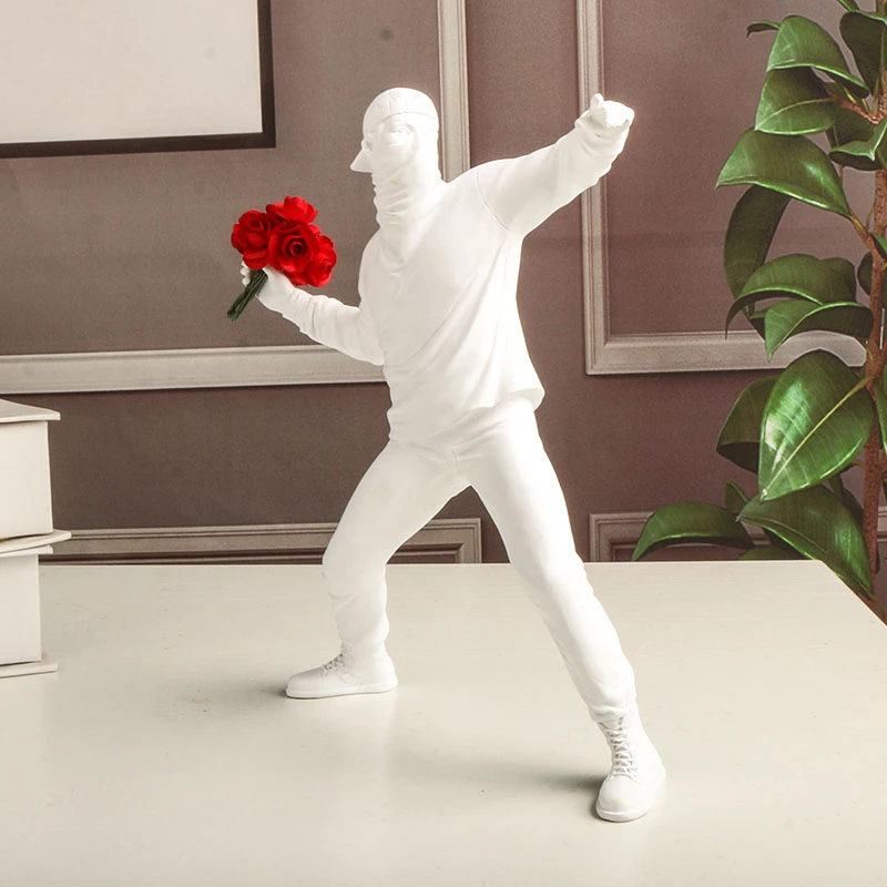 Resin Banksy Figurines for Interior Flower Thrower Statue Bomber Sculpture Home Desktop Decor Art Collection Objects