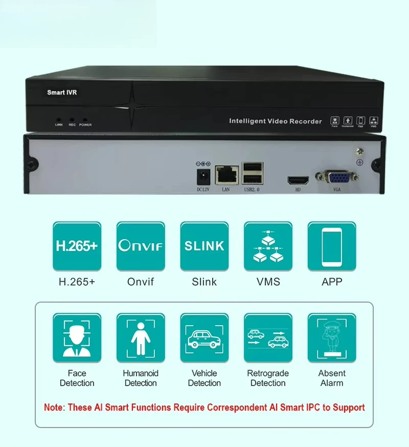 Cheapest artificial intelligence internet service provider chipset NVR 4K 8MP 8 9 16 CH IVR SMS CCTV 4K standalone NVR