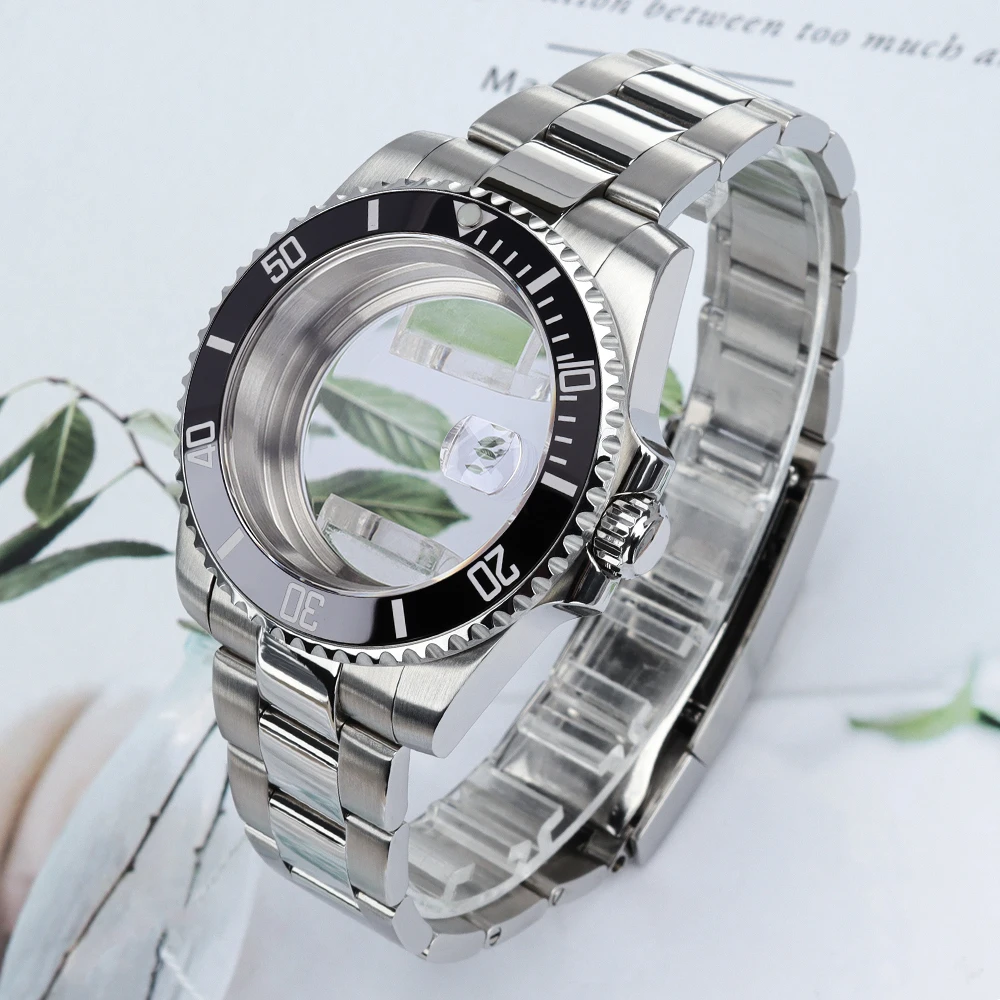 40MM NH35 Watch Cases Steel Bracelet Ceramic Insert For SUB NH34 NH35 NH36 Miyota 8215 Eta 2824 Waterproof Sapphire Slide Buckle