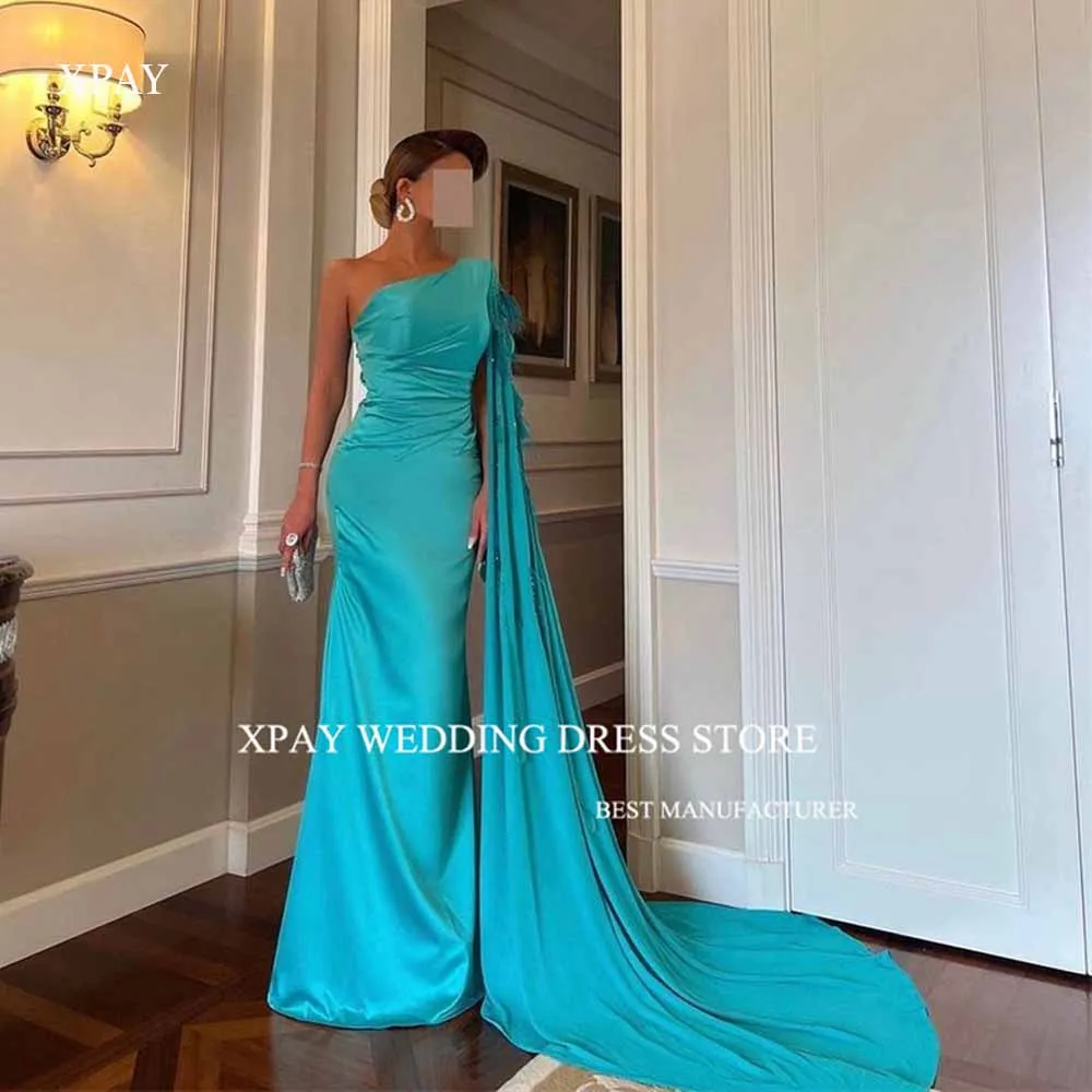 

XPAY Saudi Arabic Women Evening Dresses One Shoulder Cape Sleeves Long Satin Prom Gowns Elegant Formal Occasion Party Dress