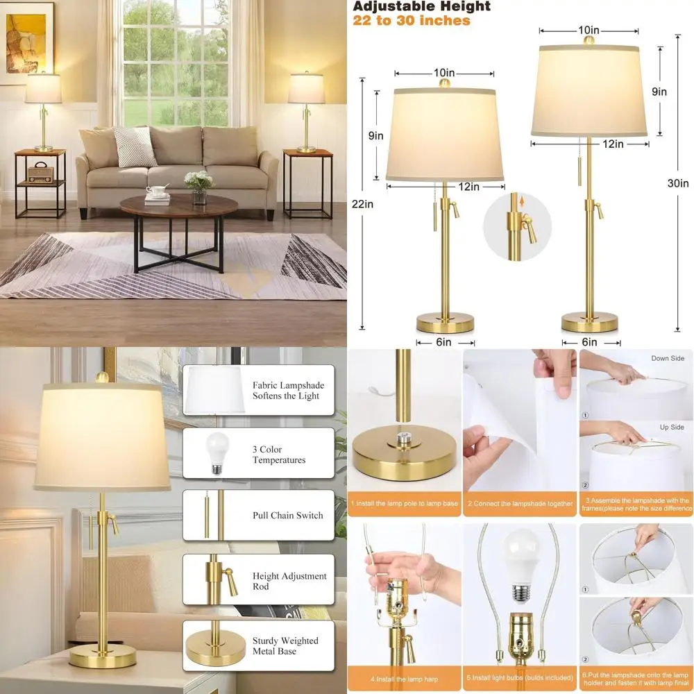 

Adjustable Height 22-30 Gold Table Lamps Set with White Shade for Living Room, Bedroom, and Nightstand
