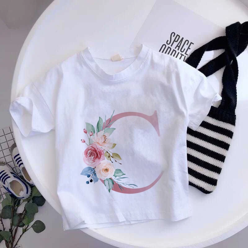 26 English Letter T-shirt A B C D summer Kid Children  Fashion Flower T-Shirt Cartoons Casual Clothes Girl Boy Short Sleeve Tops