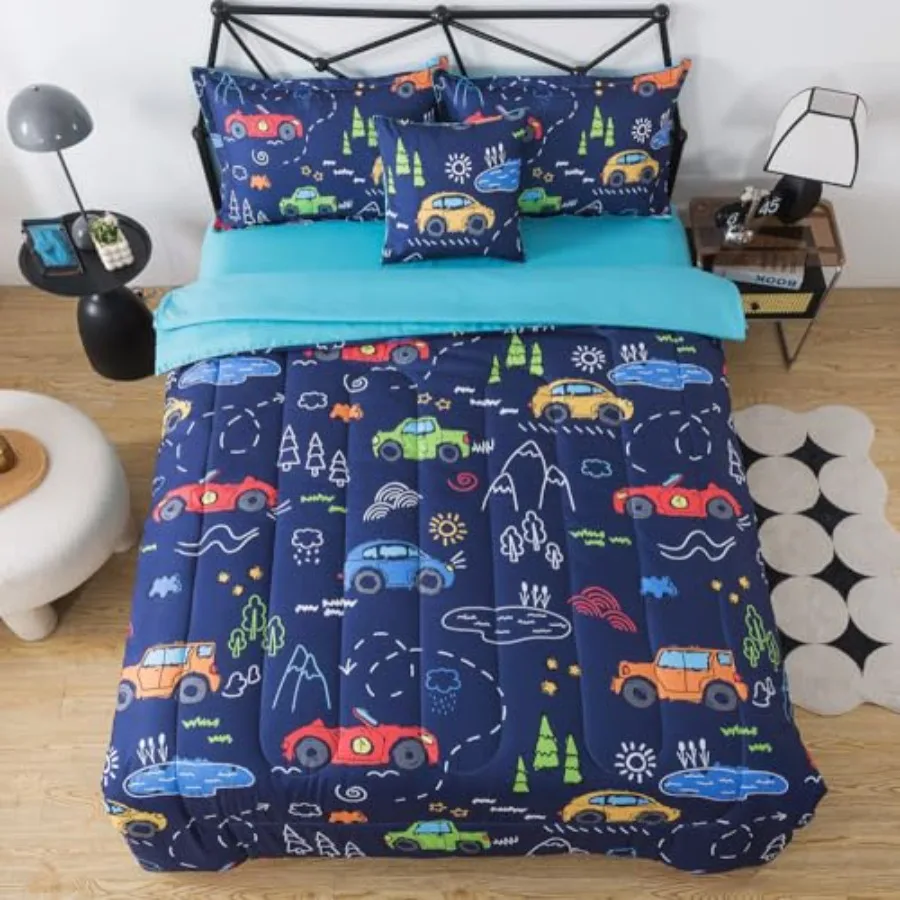 

6Pieces Comforter Set for Cartoon Bedding Twin Size Boys Teens Race Car Bed in A Bag with Blue Sheets Soft Microfiber Transport