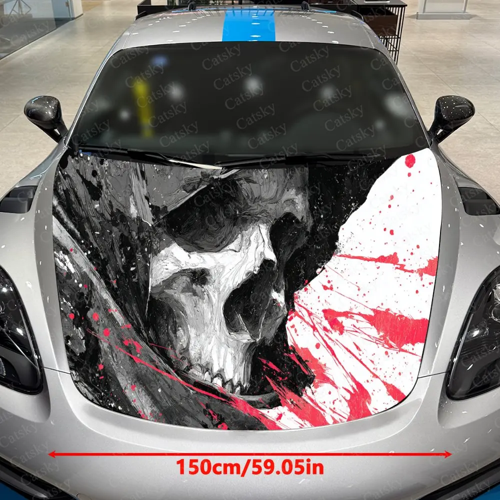 Dark Splatter Ink Blood Line Skull Car Vinyl Wrap, PVC Waterproof Car Hood Sticker, Self-Adhesive Scratch-Resistant Stickers