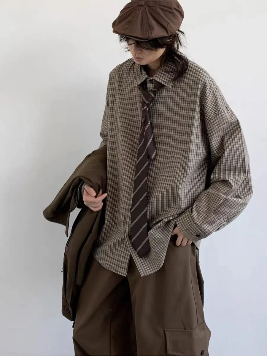 

Autumn New Sle Japanese Retro Plaid irt Loose Long Sve Men's College Sle Casual Meralde irt Youth ular Polyeste...