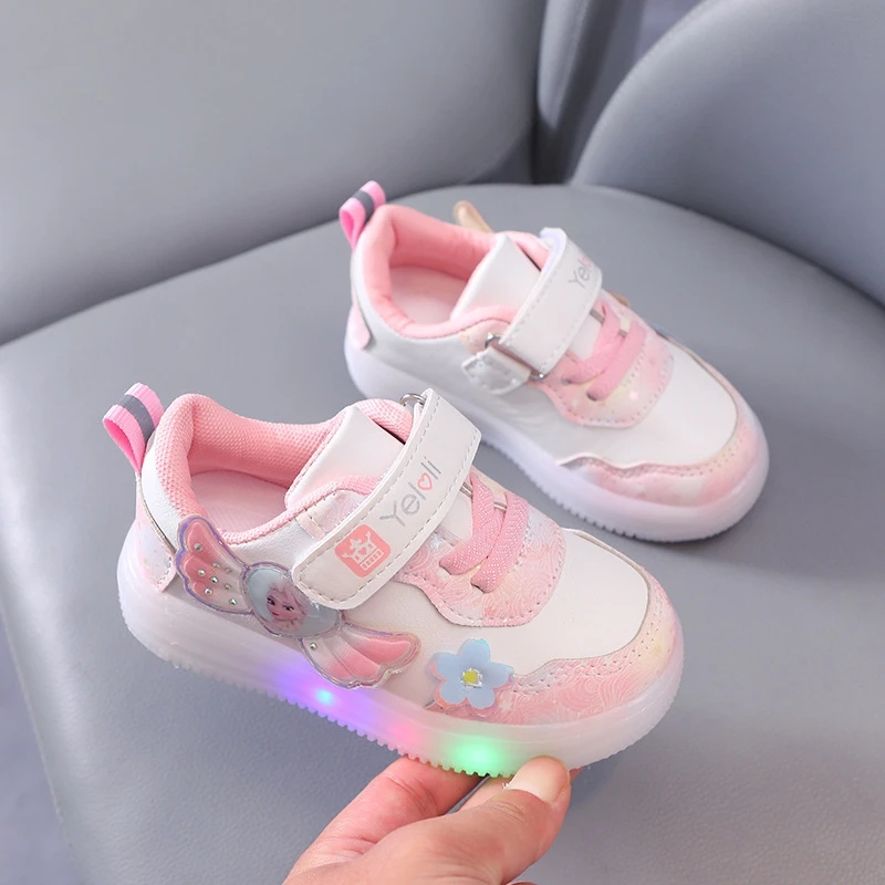 Kids Sneakers Boys Girls Cartoon Frozen Elsa Breathable Led Light Shoes Children Baby Toddler Spring Autumn Casual Sport Shoes