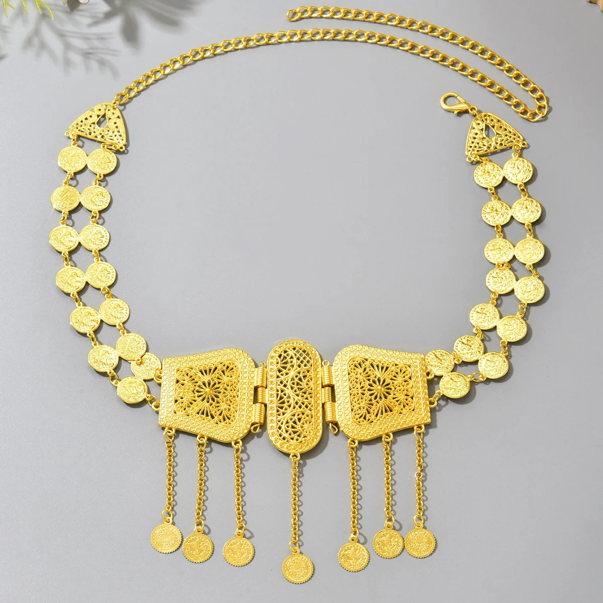 Handmade Adjustable Middle Eastern Palace-Style Hollow Gold Coin Tassel Belt, Wedding Accessory For Traditional Bridal Rituals