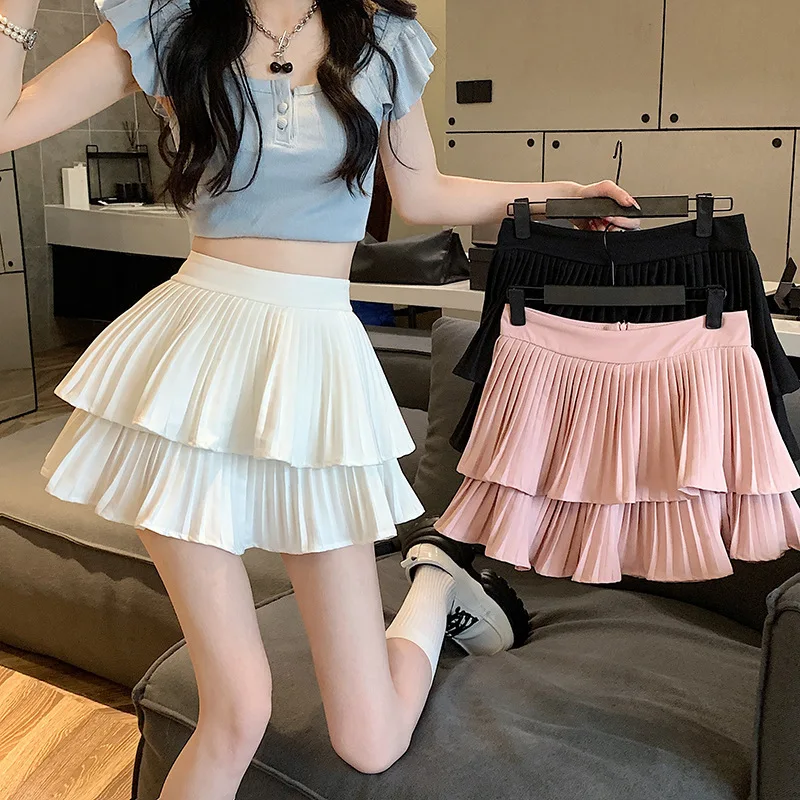 2026 Summer New Women Double Layer Pleated Cake Skirt High Waist Petite Size A Line Mini Puffy Umbrella Half Skirt