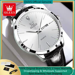 OLEVS-Reloj de pulsera de cuarzo para hombre, cronógrafo con correa de cuero, resistente al agua, doble Calendario, Simple, lujo, esfera grande, Original, nuevo, 2024