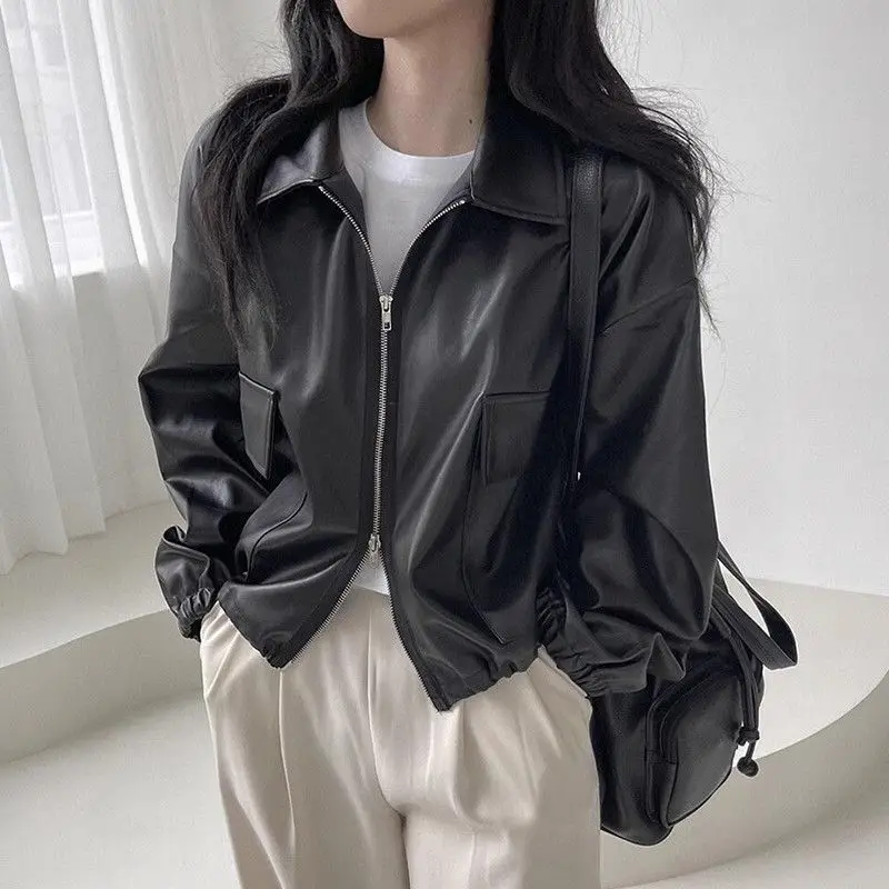 Fall Vintage Stylish Lapel PU Casual Long-sleeve Motorcycle Leather Jacket