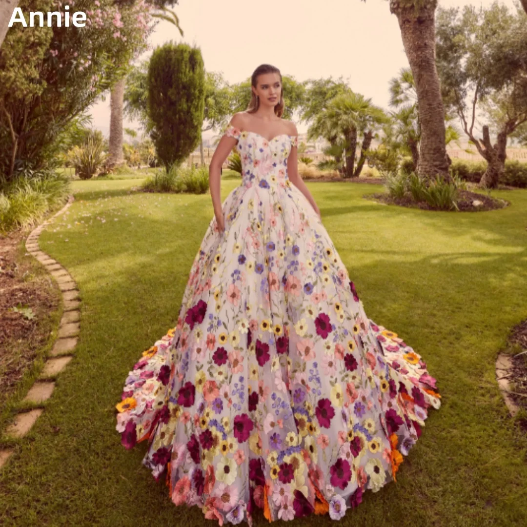 Annie White Wedding Dress Embroidered 3D Floral Tulle Princess Prom Dresses Sexy Strapless Women's Bespoke OccasionDresses