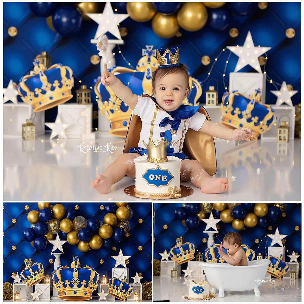 Royal King Blue Balloon Photo Background Golden Crown Boy Baby Shower Birthday Photography Backdrop Cake Smash Photo Studio Prop