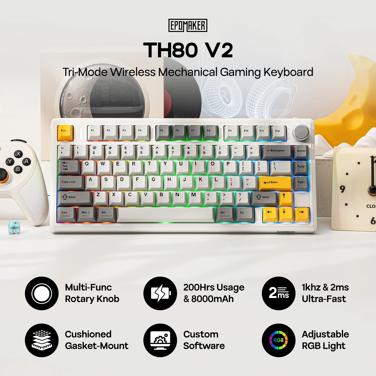 EPOMAKER TH80 V2 75% ANSI US Layout Gasket Tri-mode Bezprzewodowa Klawiatura Mechaniczna Gamingowa z Baterią 8000mAh i Podświetleniem RGB — zdjęcie produktu 2