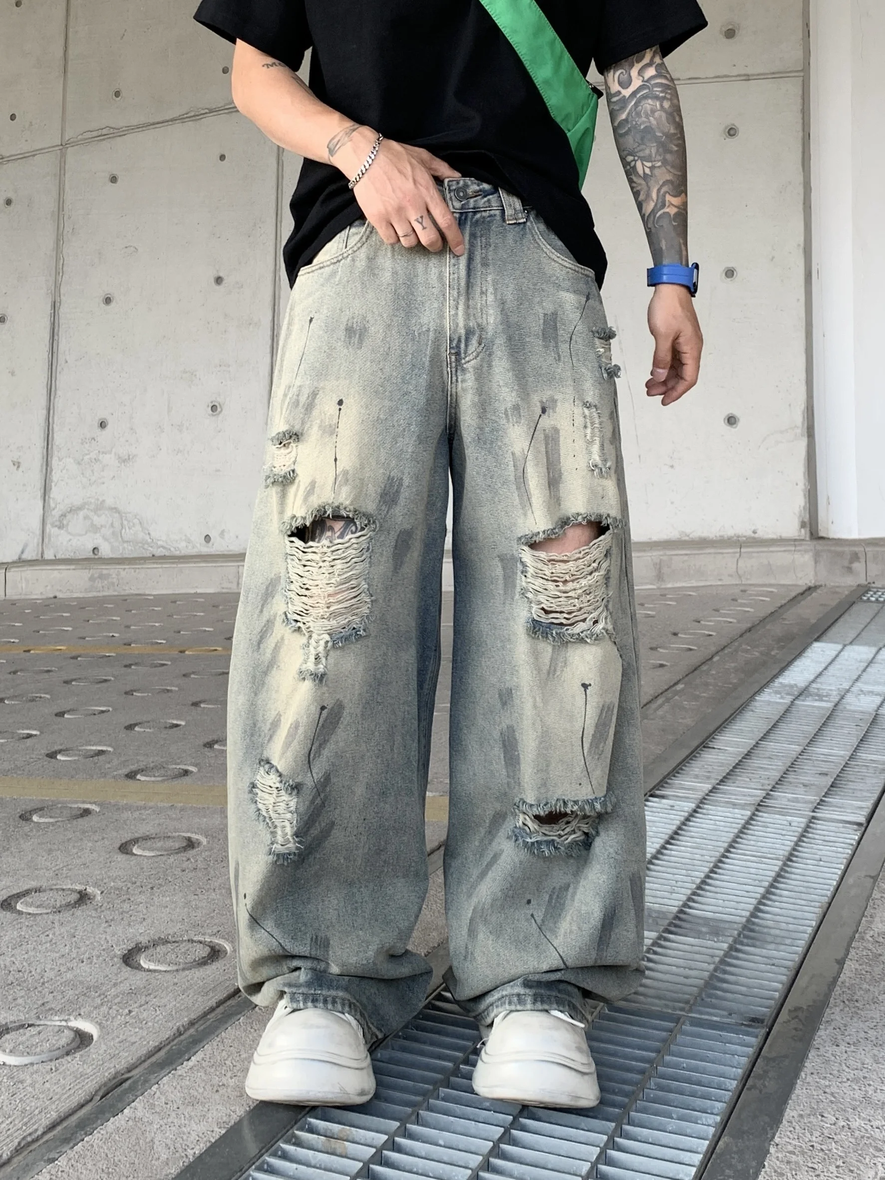 

Retro American Streetwear Sle Men's And Women's Loose Straight Leg Jeans Worn-Wa Distred Durable Casual Trousers