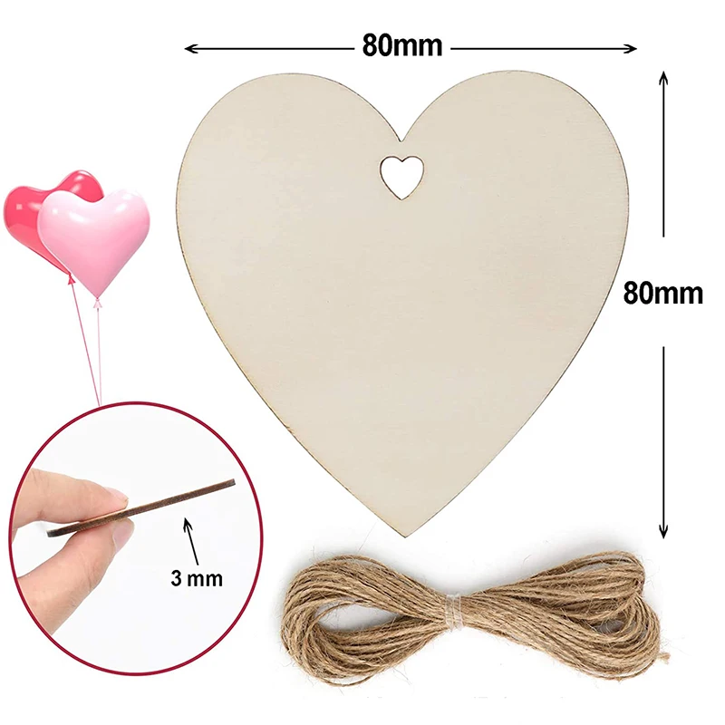 Unfinished Love Heart Wood Slices Ornaments Blank Wood Heart Tags with Holes with Natural Twine For DIY Crafts Painting Decor