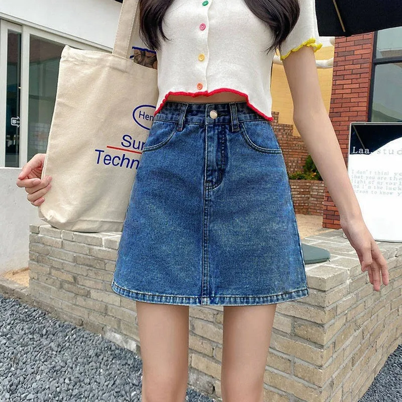 Basic Solid Color High Waist Denim A-Line Skirt, Button Fly Pocket Short Mini Jean Skirt for Women view 5