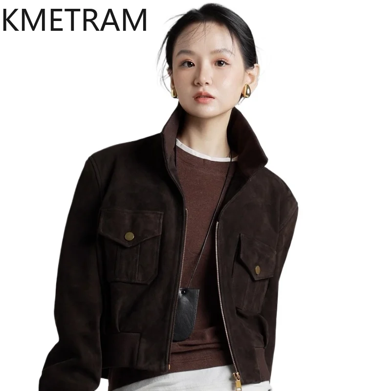 Kurtka ze skóry owczej KMETRAM 100% naturalna, prawdziwa skóra zamszowa, brązowa krótka kurtka, jesień, poduszki na ramiona, odzież damska 2025, пальто