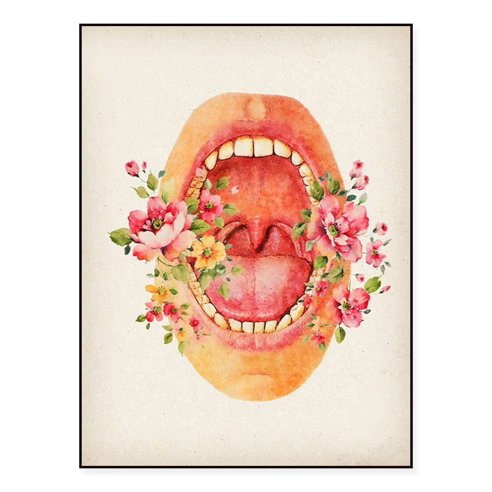 Vintage Dentist Gift Floral Oral Cavity Tooth Drawing Watercolor Medical Art Dental Hygiene Poster Clinic Wall Art