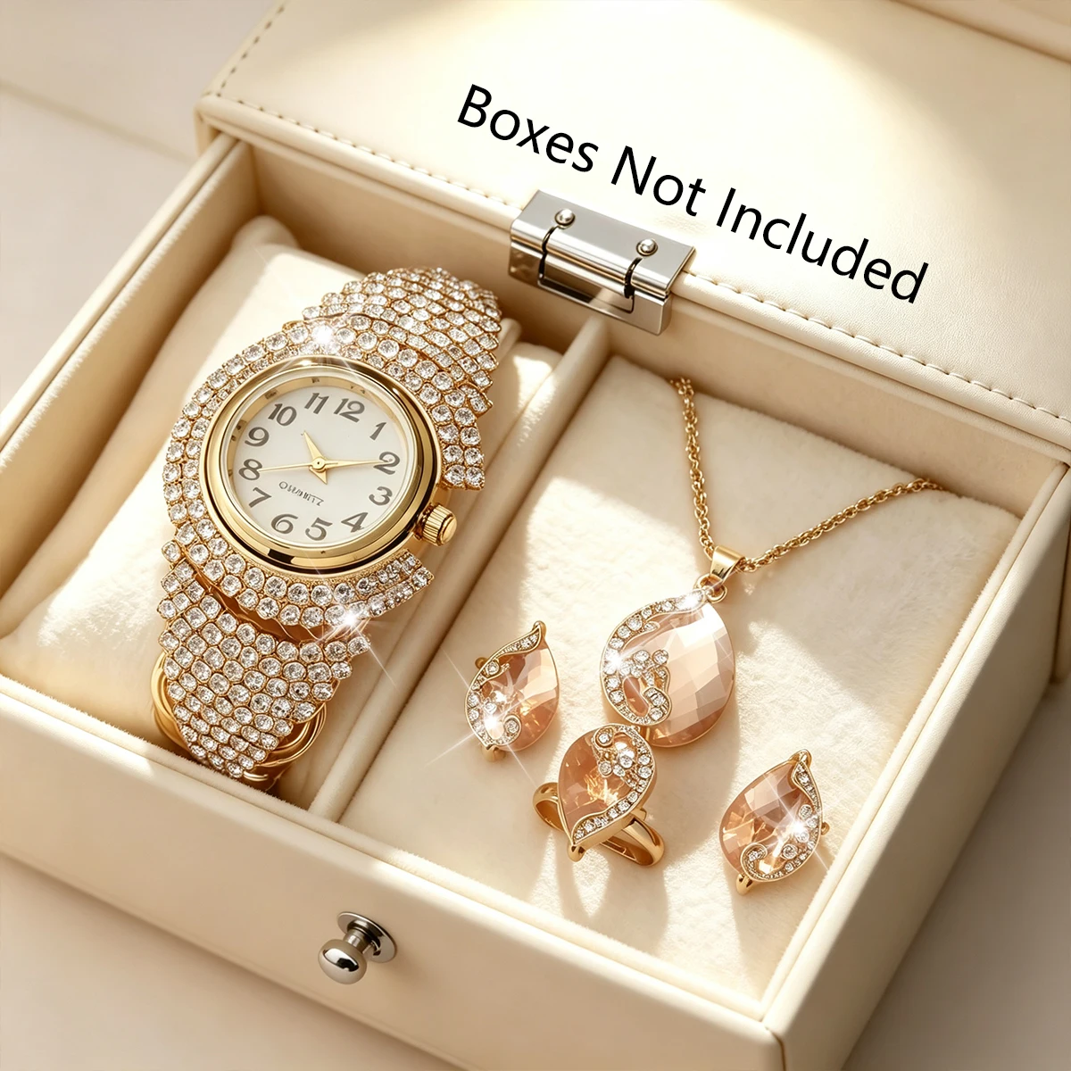 5PCS Luxury Diamond Watch Necklace Earrings Ring Set Fashion Women Crystal Bangle Quartz Wristwatch Jewelry GiftsWithout Box