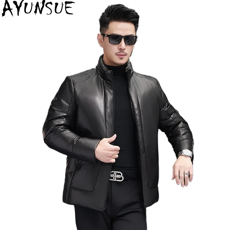 

AYUNSUE High Quality Real Goatskin Leather Coat Short Goose Down Jackets Man Stand Collar Genuine Leather Jacket Men Bread Coats