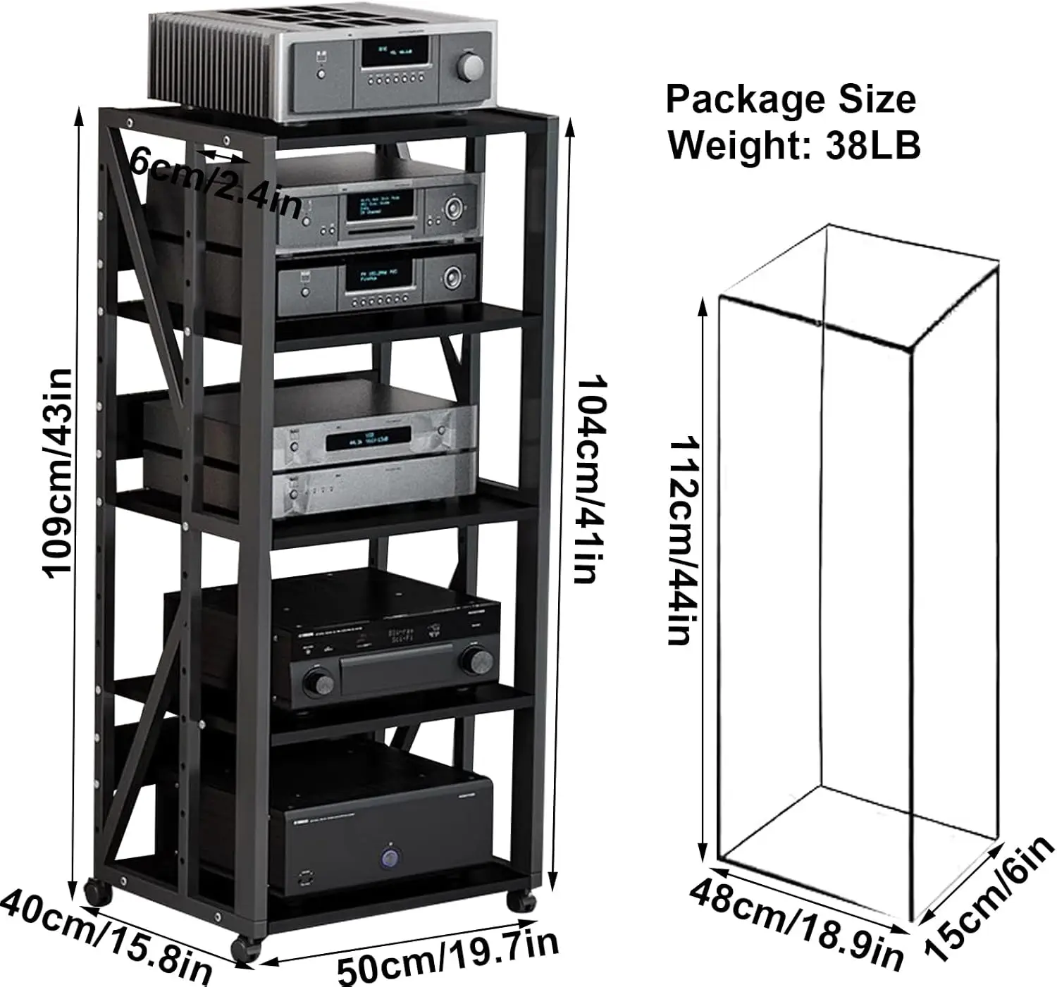 Stereo Racks and Stands with Storage Shelves, Component Cabinet with Wheel, AV Component Media Stand for Home, Office and Theate