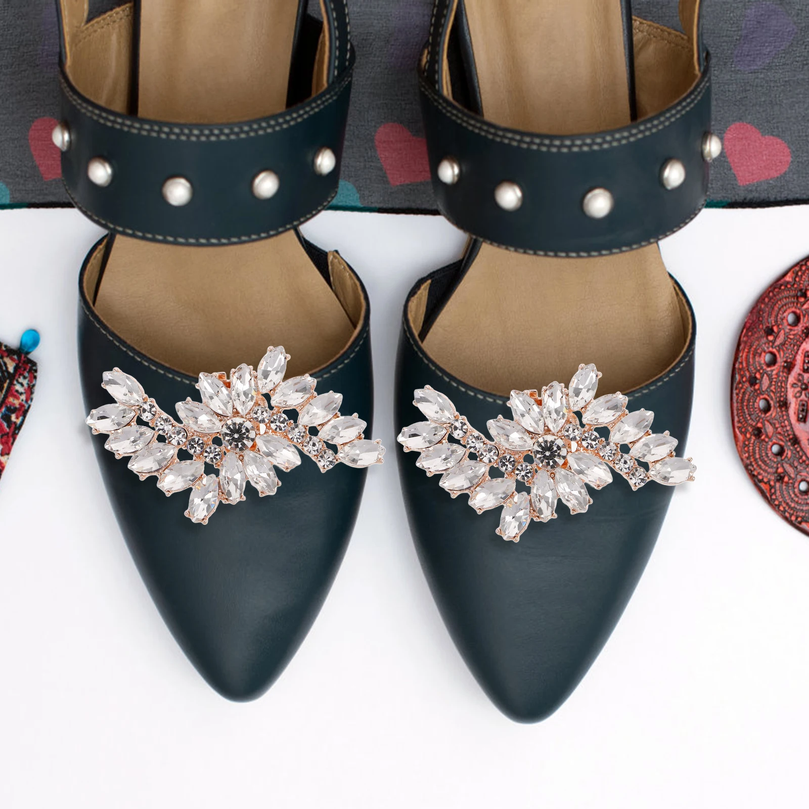 

2pcs Sparkling Rhinestone Shoe Clips Detachable Flower Buckle Elegant Shoe Accessories For Women Crystal Wedding Heel