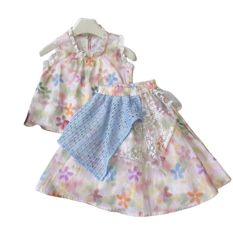 Children's Outfit Skirt New Summer Girl Baby Stylish Colorful Floral Lace Vest Half Skirt Refreshing Two-Piece Set