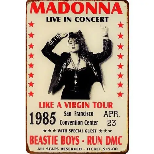 Placa de Metal Retrô Madonna Like A Virgin Tour 1985 Run DMC Beastie Boys