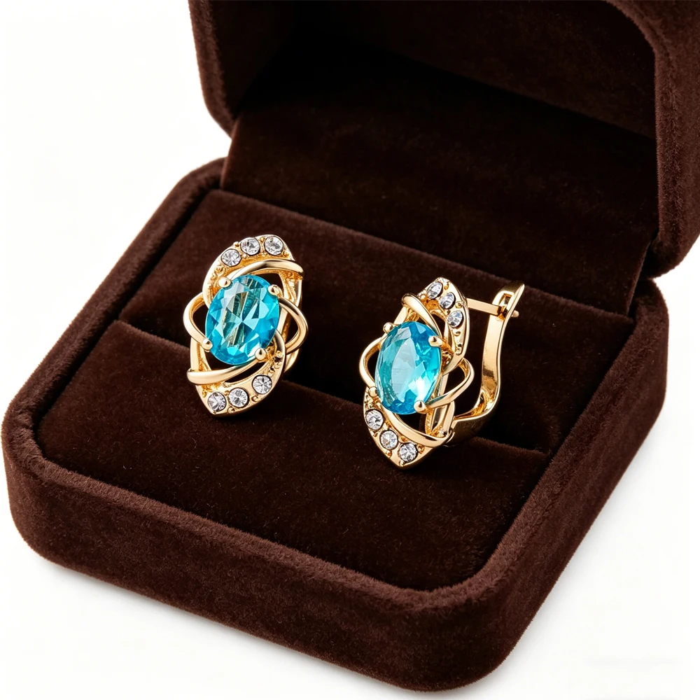 Lady's Fashionable Natural Zircon Drop Earrings 585 Gold Oval Clip-On Earrings Party Accessories Elegant Vintage Jewelry