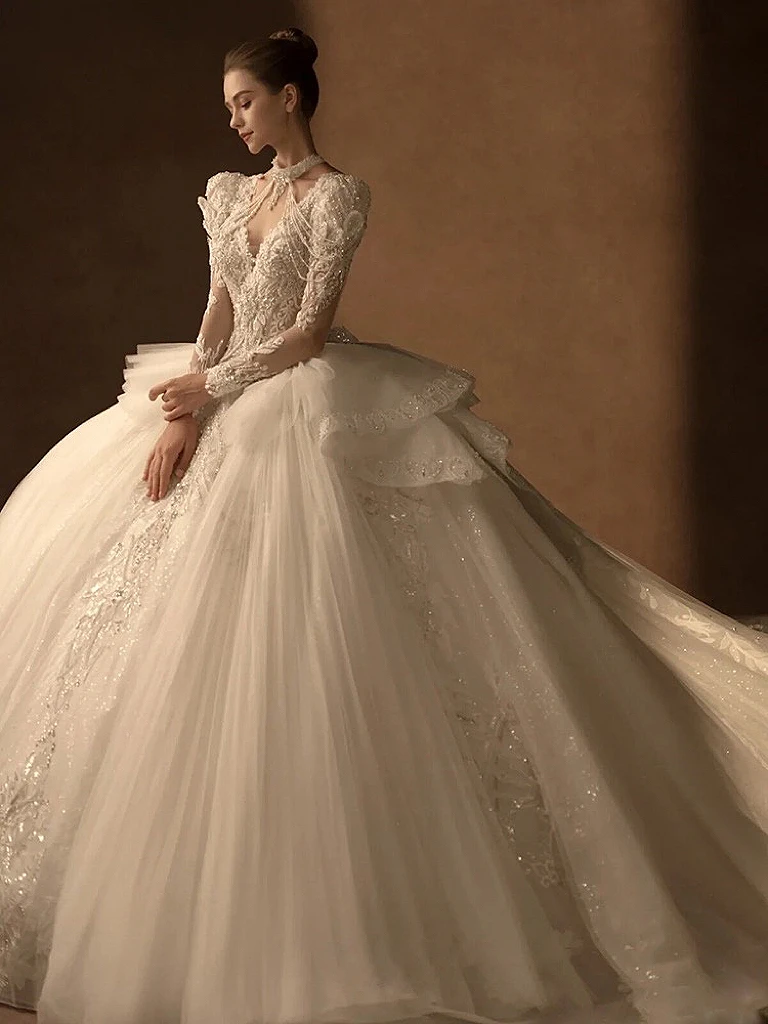 

Luxury Long Sleeve Wedding Dresses V-Neck Bead Sparkly Crystal Appliques Exquisite Sexy Long Trailing Bridal Ball Gown High-end