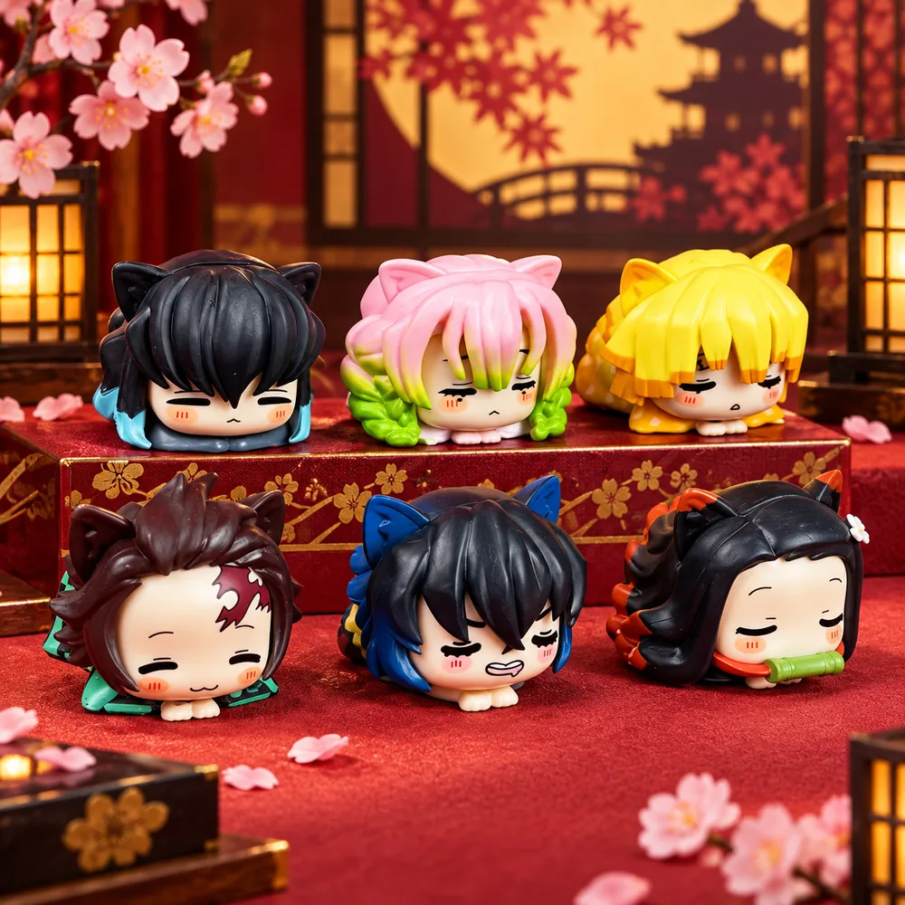 6pcs Cute Cat Demon Slayer Figure Kawaii Action Figurine Sleeping Kimetsu No Yaiba Anime House Decoration Desk Accessories Gift