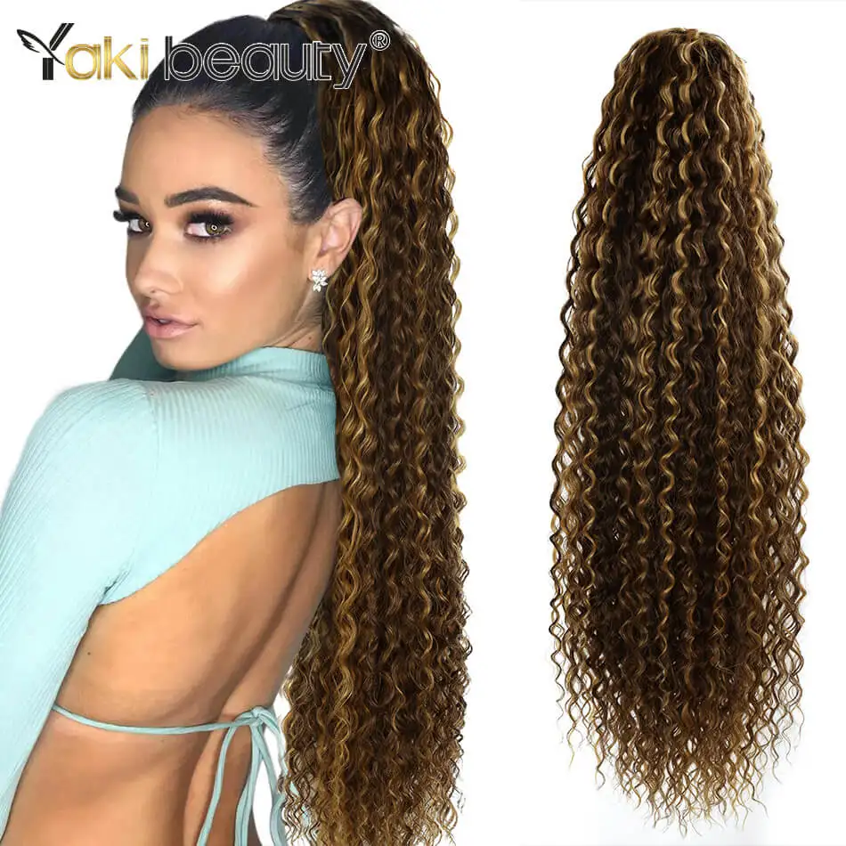 Synthetic Drawstring Ponytail Long Kinky Curly Ponytail Organic Chip-In Hair Extension P4/27 Clip In Pony-Tail By YAKIBEAUTY