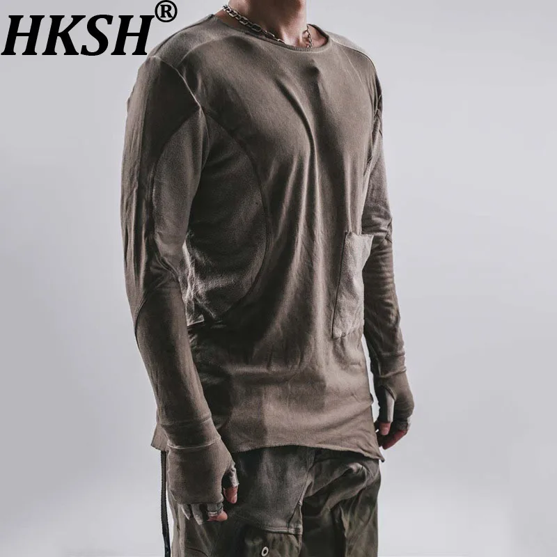 

HKSH весна осень новый мужской отходы наземный стиль мытая трехмерная лоскутная футболка с длинными рукавами модные шикарные пуловеры HK13418