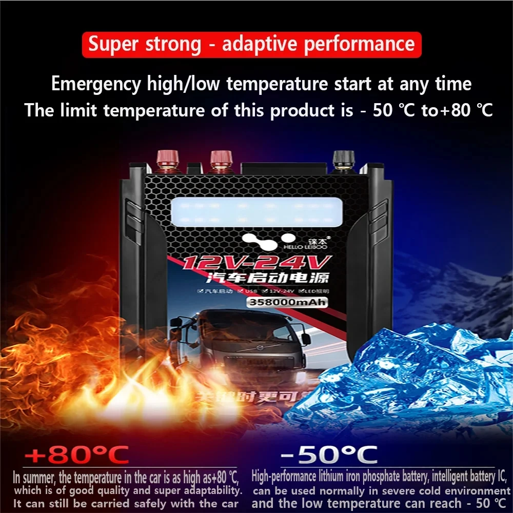 358000mAh emergency starting power supply for cars, large capacity battery, truck jump starter, 12 24V universal for heavy-duty