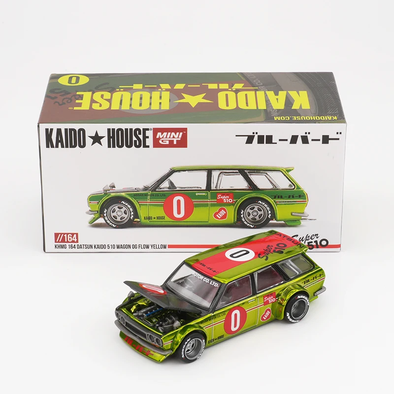 KHMG 510 Datsun 1:64 Wagon 0G FLO GEEL Te Openen Kap 164 Diecast Auto Model Kaido Huis MINIGT