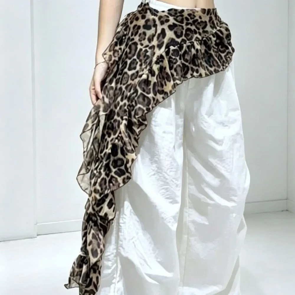 Solid Color Butt Curtain Skirt Leopard Print Y2K Ruffles Trim Butt Curtain Waist Scarf Irregular Hem Mini Apron Jazz Dance