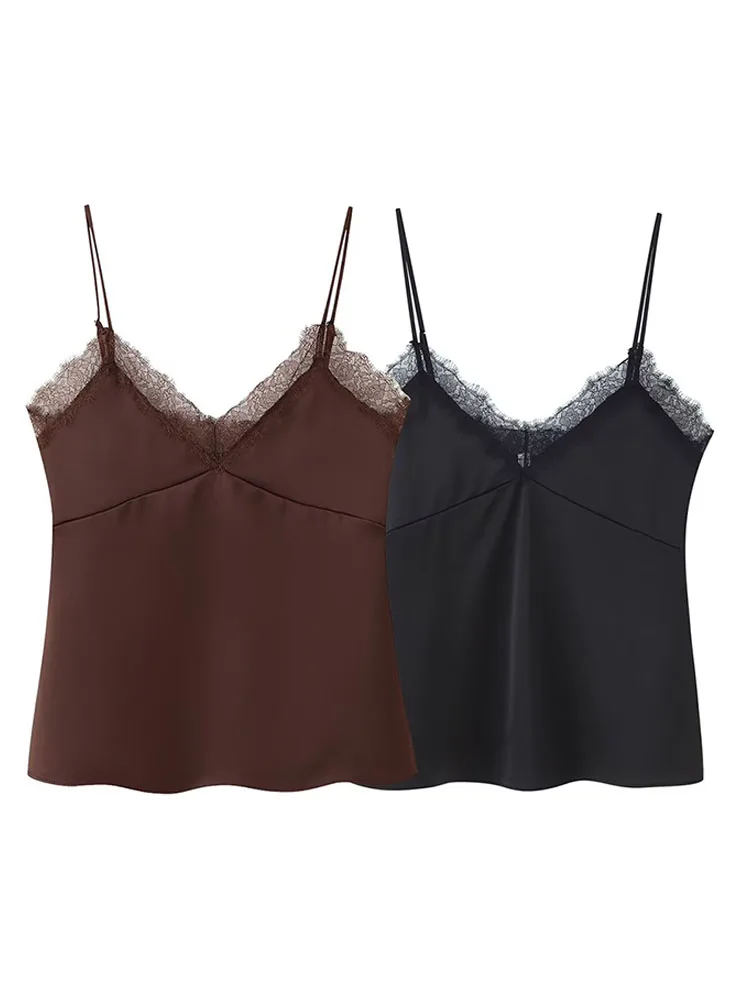 HH Vrouw 2025 Kerst Nieuwe Mode Kanten Rand Sling Mouwloze V-hals Mini Top Vrouwelijke Slanke Dunne Licht Sexy Backless Party top