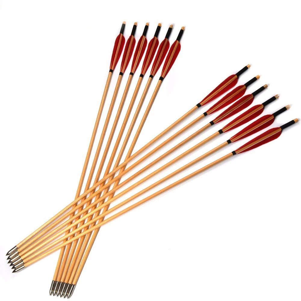 

6pcs 30-inch wooden arrows for bow and arrow shooting with white pine shaft and red turkey feathers,