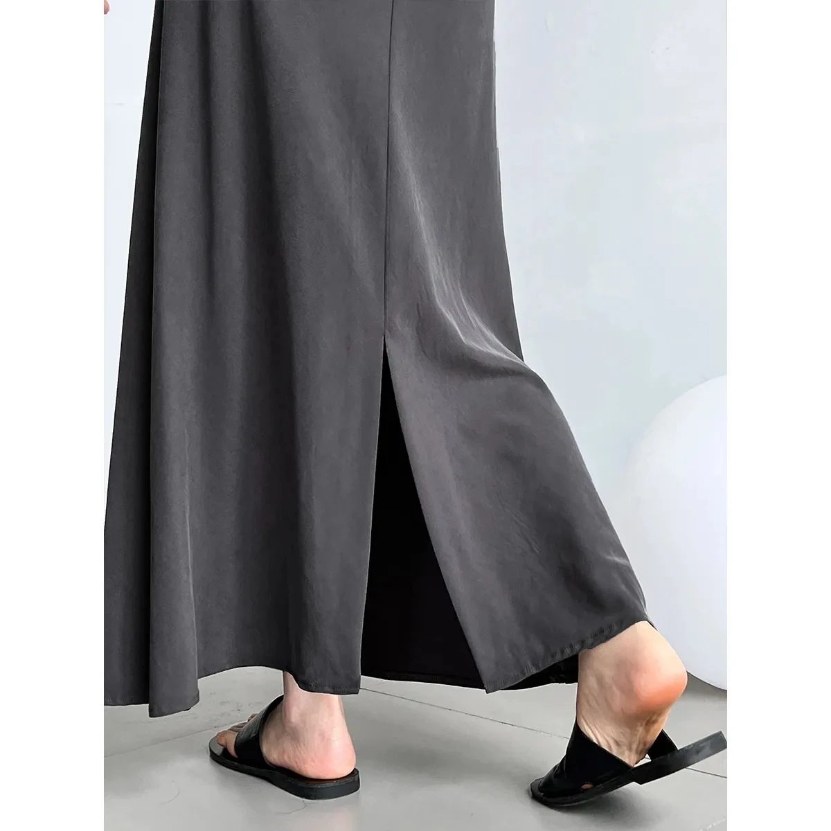 Women's Simple Cupro Drawstring Maxi Skirt Black Gray Elastic Waist High-end A-line Slit Hem Covering Long Skirt for Women